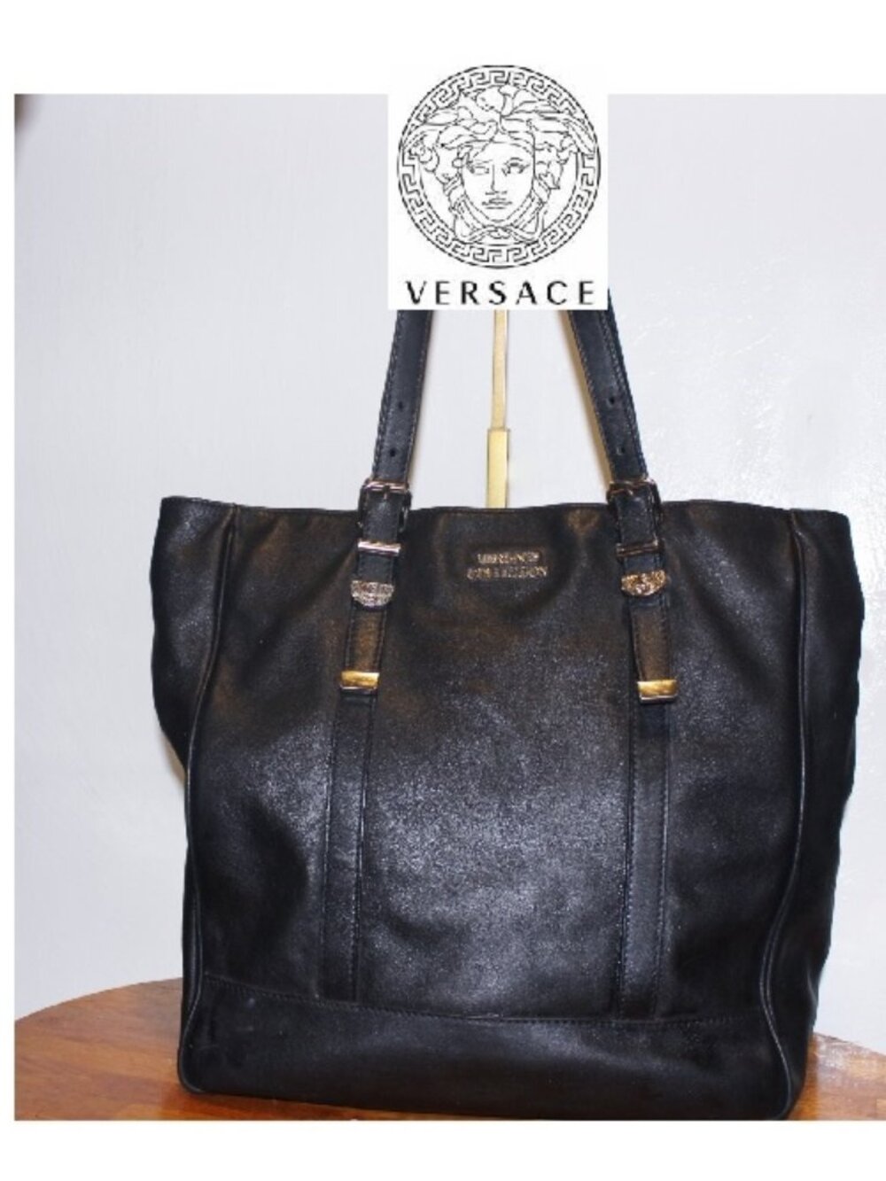 Status $999 Versace Couture Black Leather Tote Shoulder Bag w COA